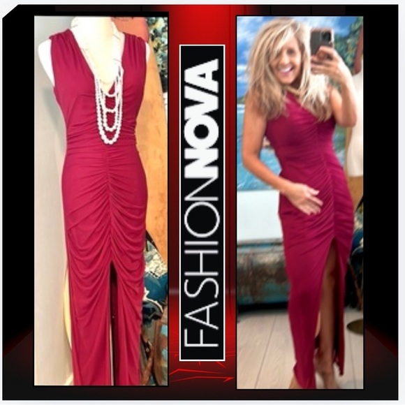 NWT FASHION NOVA, Don't Ruche Me Mesh Gown, Burgundy Wine, Instantly Slimming,L - Picture 12 of 16